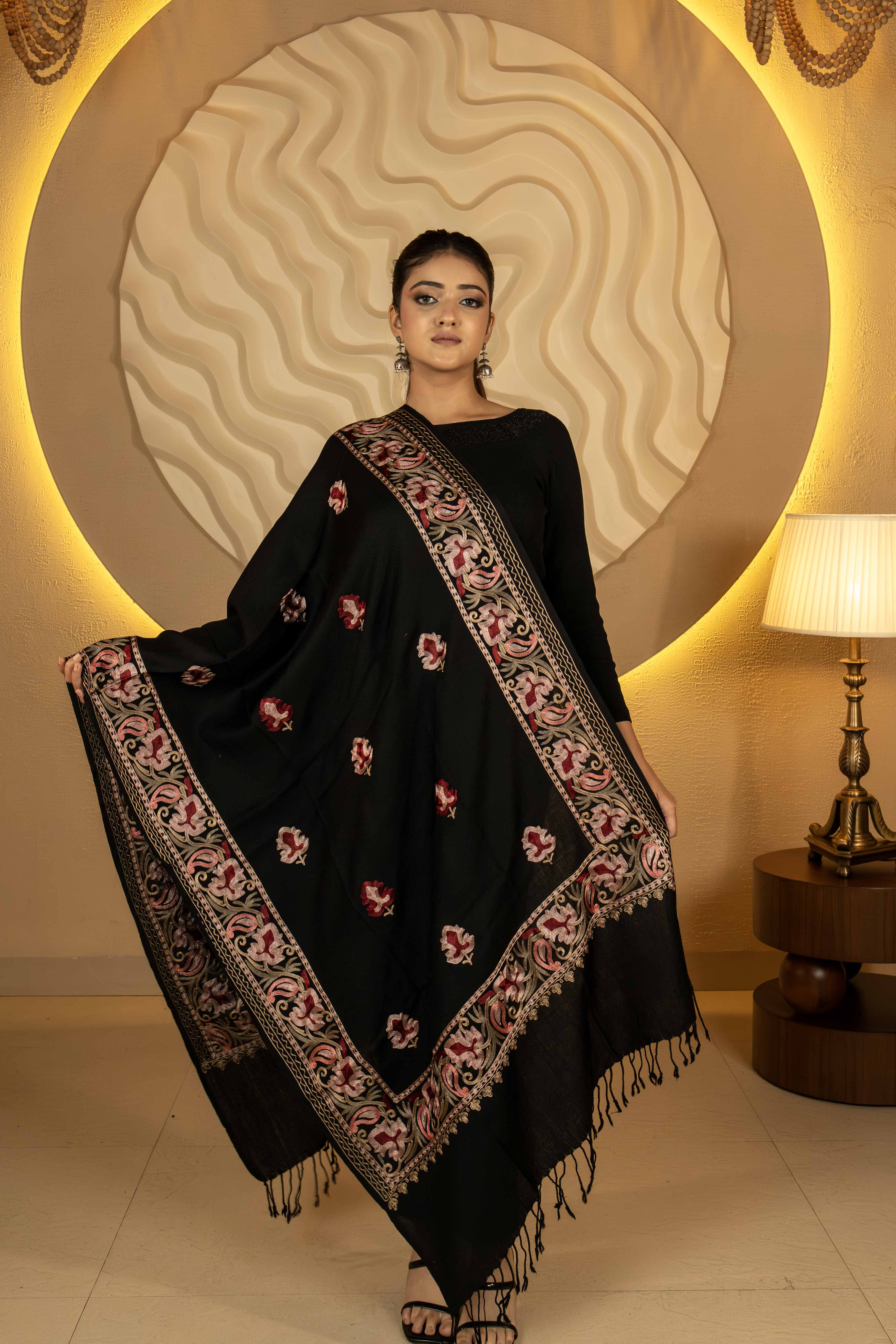 Aari Embroidered Black Pure Wool Stole For Women